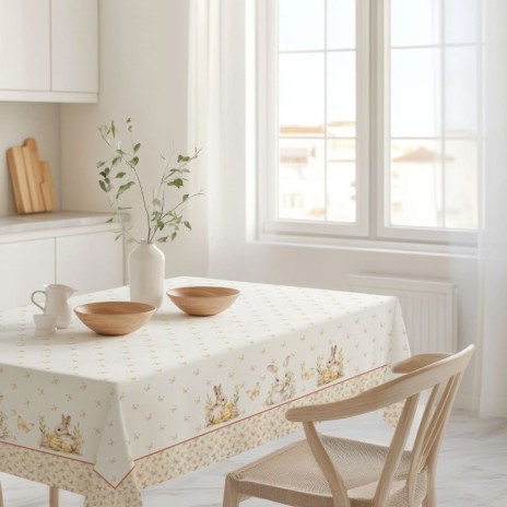 Față de masă Ginny, bumbac 100%, cu iepurași, fluturi aurii și detalii florale pe un fundal pastelat, perfectă pentru decorul de Paște.