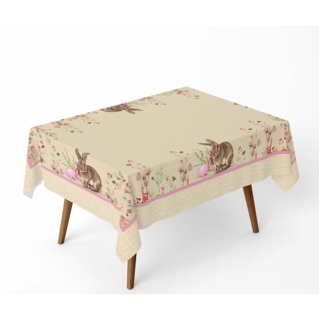 Fata de masa Paste 140x320cm, bumbac 100%, cu iepurași și accente florale, model Maddi