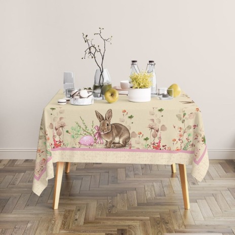 Fata de masa Paste 140x320cm, bumbac 100%, cu iepurași și accente florale, model Maddi