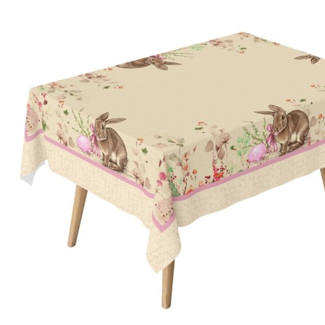 Fata de masa Paste 140x320cm, bumbac 100%, cu iepurași și accente florale, model Maddi