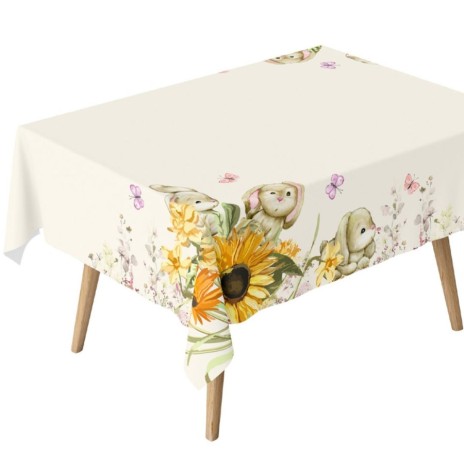 Față de masă Paște bumbac 100%, 140x320 cm, model cu iepurași și floarea-soarelui – Club Cotton Mochi