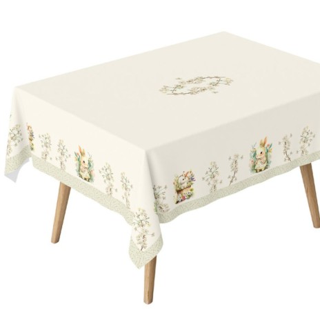 Fata de masa Paste YoYo 140x320cm, bumbac 100%, cu iepurași adorabili și flori delicate, perfectă pentru un decor festiv elegant.