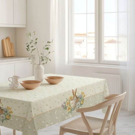 Fata de masa Paste 140x180 cm bumbac 100% Roco cu flori si iepuras decorativ