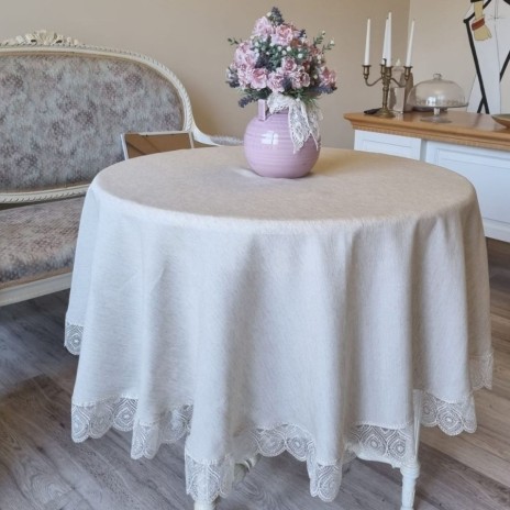 Fata de masa rotunda Natural Linen Umberto maro deschis, cu aplicatii de dantela