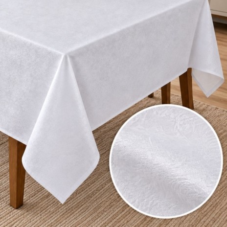 Fata de masa alba satinata jacquard cu model damasc floral, 150x150cm, fabricata in Romania