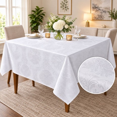 Fata de masa alba jacquard cu medalioane florale pe masa dreptunghiulara 150x180cm, fabricata in Romania