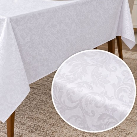 Fata de masa alba jacquard cu frunze stilizate pe masa dreptunghiulara 150x240cm, fabricata in Romania
