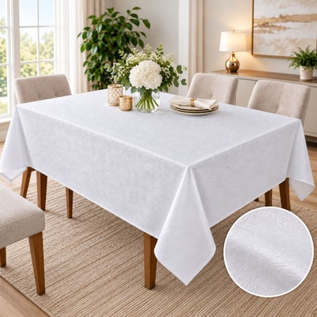 Fata de masa alba cu model damasc floral pe masa dreptunghiulara 150x240cm, fabricata in Romania