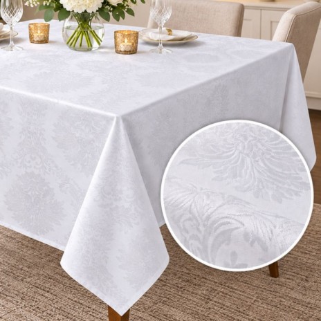 Fata de masa alba jacquard cu medalioane florale pe masa lunga 150x320cm