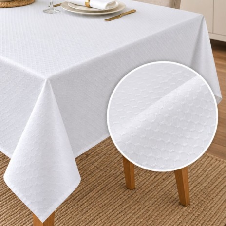 Fata de masa alba jacquard cu model geometric pe masa dreptunghiulara 150x320cm