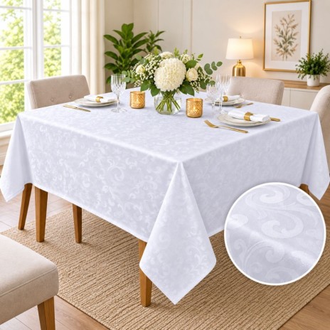Fata de masa alba 150x320 cm cu arabescuri pe masa lunga, fabricata in Romania