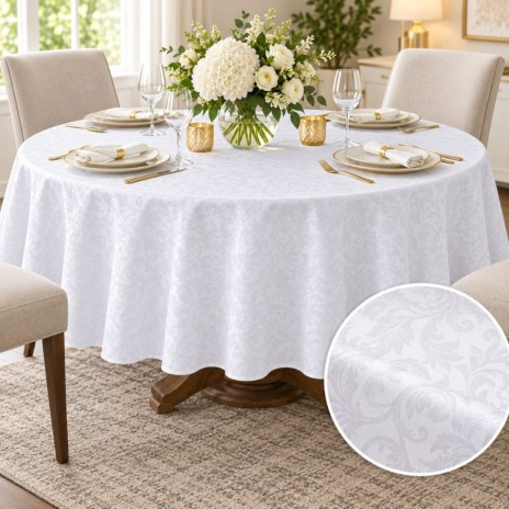 Fata de masa rotunda 140cm, alba jacquard cu damasc cu frunze stilizate pe masa cu aranjament floral