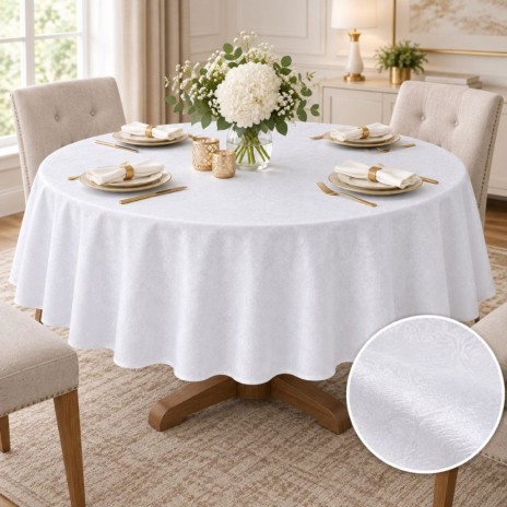 Fata de masa rotunda 160cm, alba satinata jacquard cu damasc floral si detaliu al tesaturii