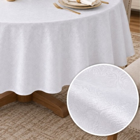 Fata de masa rotunda 160cm, alba satinata jacquard cu damasc floral si detaliu al tesaturii