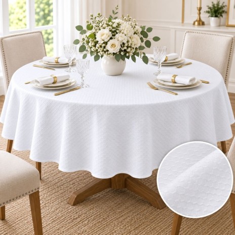 Fata de masa rotunda 240cm, alba satinata jacquard cu model geometric hexagonal si detaliu al tesaturii