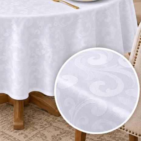 Fata de masa rotunda alba diametru 320 cm cu model arabescuri, fabricata in Romania