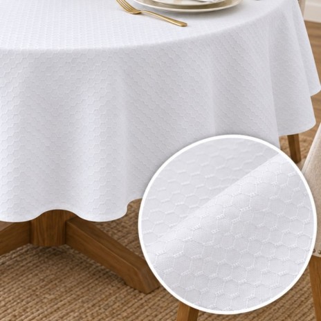Fata de masa alba rotunda 320cm satinata jacquard cu hexagoane tesute si detaliu al modelului geometric