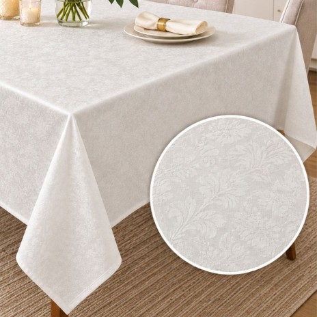 Fata de masa crem jacquard cu model floral pe masa dreptunghiulara 150x180cm, fabricata in Romania