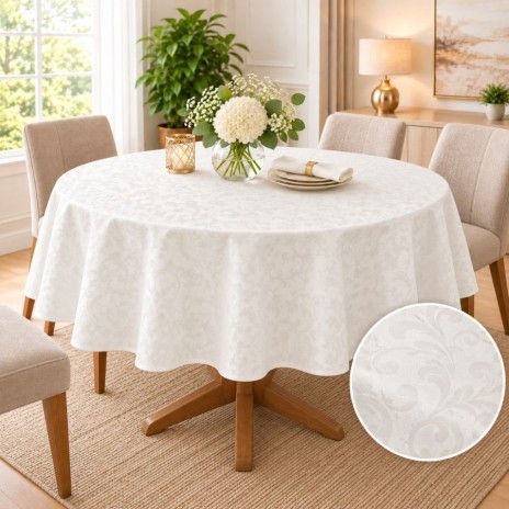 Fata de masa rotunda 160cm, crem cu arabescuri jacquard si aspect satinat, asezata pe masa, fabricata in Romania