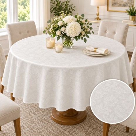 Fata de masa satinata jacquard crem, rotunda 240cm, cu model floral tesut, pe masa decorata cu flori albe