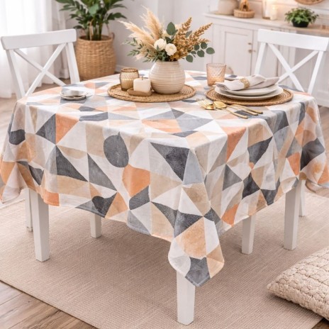 Fata de masa 160x320 cm bumbac poliester teflonat Geometric gri, bej, caramiziu, fabricata in Romania