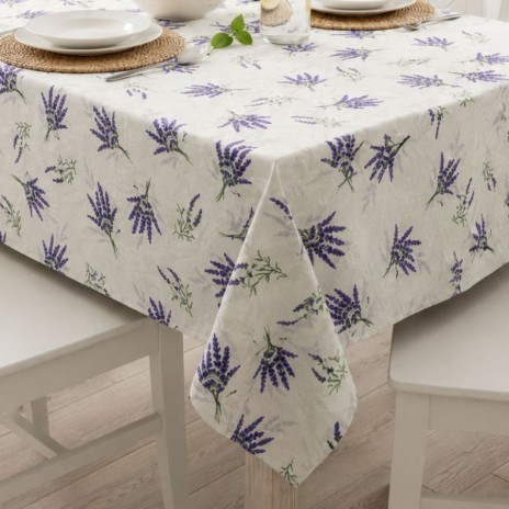 Fata de masa 120x160 cm teflonata alba cu lavanda model floral elegant bucatarie, fabricata in Romania