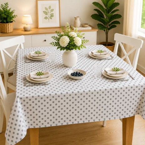 Fata de masa teflonata 120x160 cm model Buline gri pe masa dreptunghiulara
