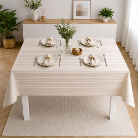 Fata de masa teflonata 120x160 cm cu dungi albe pe fundal bej
