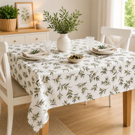 Fata de masa teflonata 120x160 cm model Frunze cu masline verzi pe masa dreptunghiulara