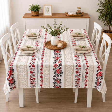 Fata de masa teflonata 120x160 cm cu model traditional rosu si negru