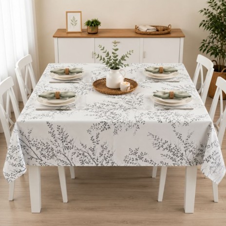 Fata de masa teflonata 140x180 cm cu model crengute gri pe fundal deschis, fabricata in Romania