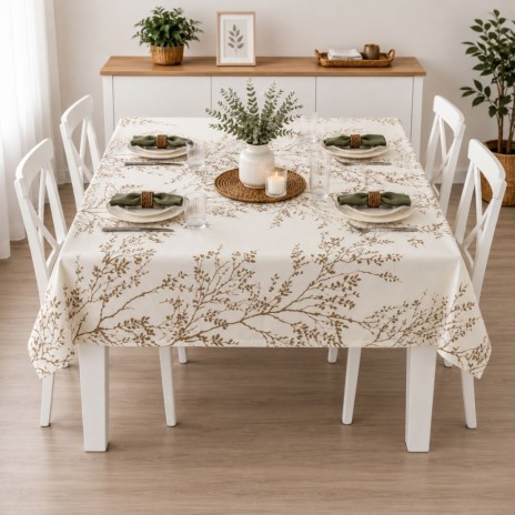 Fata de masa teflonata 140x180 cm cu model crengute maro pe fond crem, fabricata in Romania