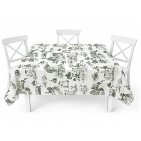 Fata de masa dreptunghiulara 140x180cm cu peisaj vintage verde pe fundal crem, pe masa decorata cu vesela alba si accesorii impletite