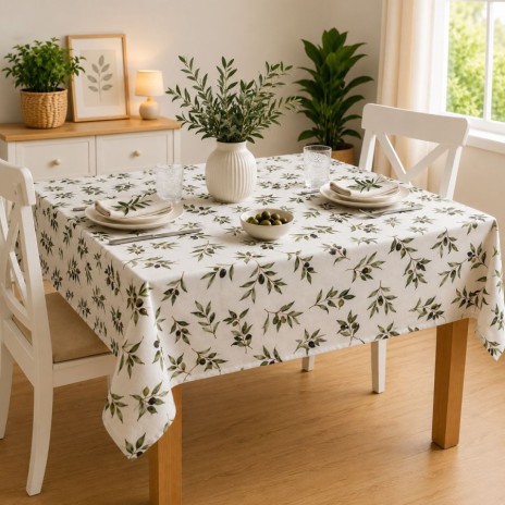 Fata de masa teflonata 160x220 cm model Frunze cu masline verzi pe masa dreptunghiulara