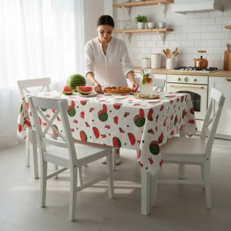 Fata de masa 160x220 cm teflonata model pepene rosu colorat pentru masa dining, fabricata in Romania