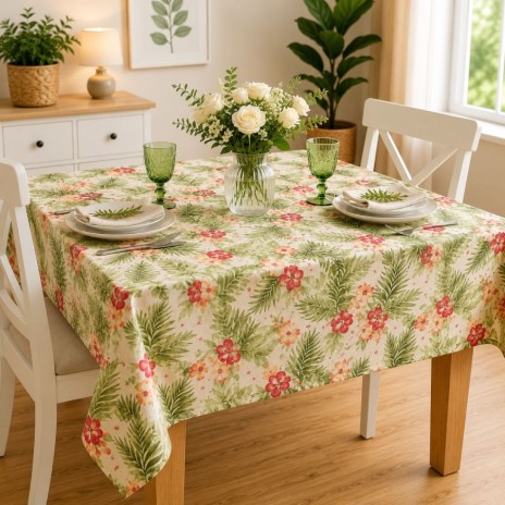Fata de masa teflonata 160x320 cm Flori tropicale pe masa dreptunghiulara mare