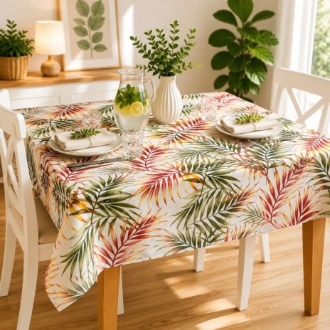 Fata de masa teflonata 160x320 cm model Frunze tropicale cu frunze verzi si accente rosu-corai pe masa dreptunghiulara mare