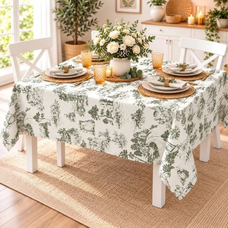 Fata de masa dreptunghiulara 160x320cm cu peisaje vintage verzi pe fundal crem, pe masa cu vesela alba si accesorii impletite