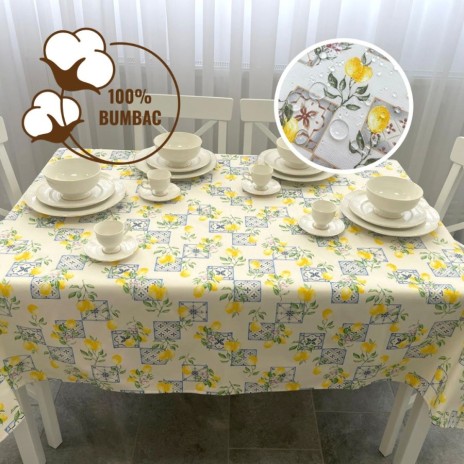 fata de masa teflonata bumbac 160x320cm cu imprimeu lamai si modele albastre