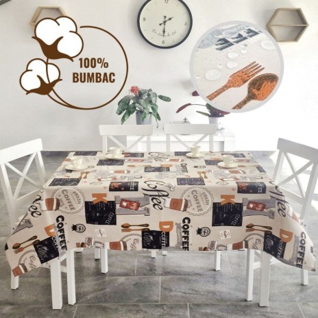 Fata de masa rotunda teflonata din bumbac, diametru 140cm model cu Cafea v3, decor elegant pentru mese rotunde