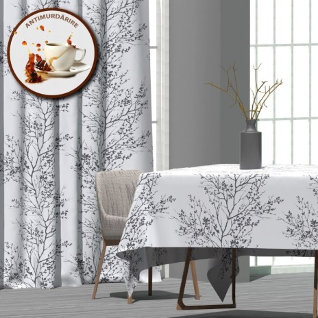 Fata de masa rotunda teflonata din bumbac, diametru 140cm model crengute gri, decor elegant pentru mese rotunde