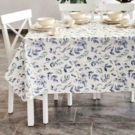 Fata de masa rotunda teflonata din bumbac, diametru 140cm model Frunze albastre-verzi, decor elegant pentru mese rotunde