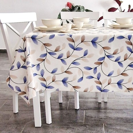 Fata de masa rotunda teflonata din bumbac, diametru 140cm model Frunze albastre si bej, decor elegant pentru mese rotunde
