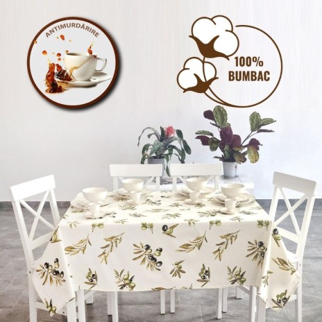 Fata de masa rotunda teflonata din bumbac, diametru 140cm model Frunze de Maslin, decor elegant pentru mese rotunde