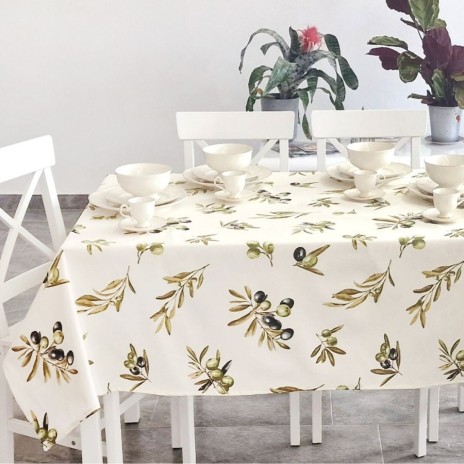 Fata de masa rotunda teflonata din bumbac, diametru 140cm model Frunze de Maslin, decor elegant pentru mese rotunde