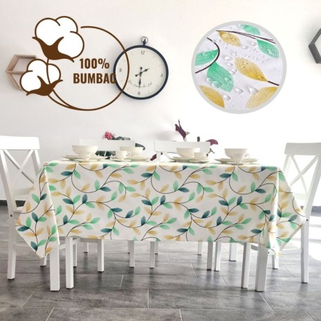 Fata de masa rotunda teflonata din bumbac, diametru 140cm model Frunze galben-verde, decor elegant pentru mese rotunde