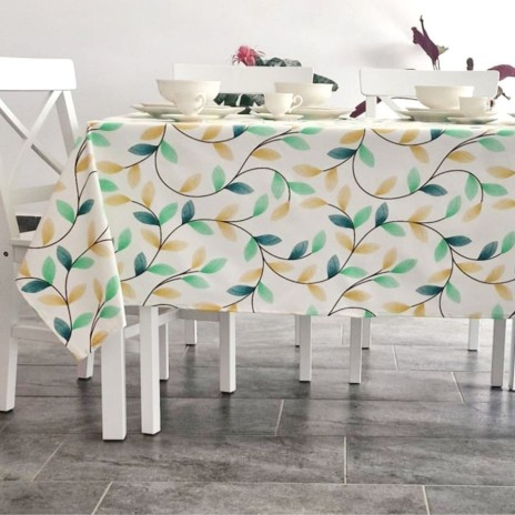 Fata de masa rotunda teflonata din bumbac, diametru 140cm model Frunze galben-verde, decor elegant pentru mese rotunde
