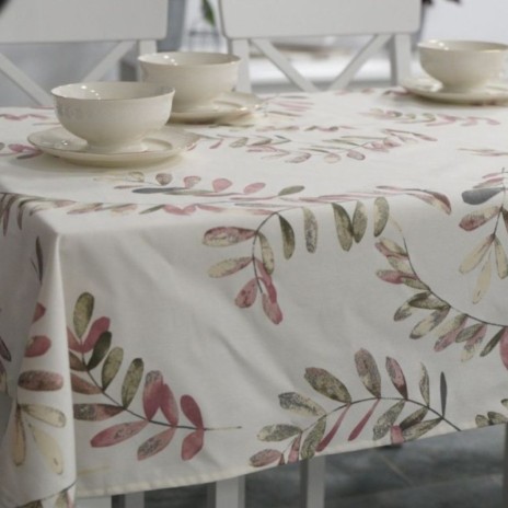 Fata de masa teflonata din bumbac, rotunda, diametru 140 cm, model frunze pastelate, decor elegant pentru mese rotunde
