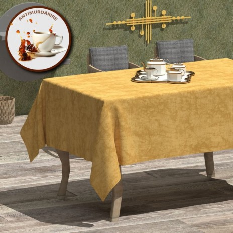 Fata de masa teflonata din bumbac, rotunda, diametru 140 cm, galbena, decor elegant pentru mese rotunde