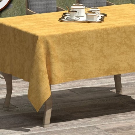 Fata de masa teflonata din bumbac, rotunda, diametru 140 cm, galbena, decor elegant pentru mese rotunde